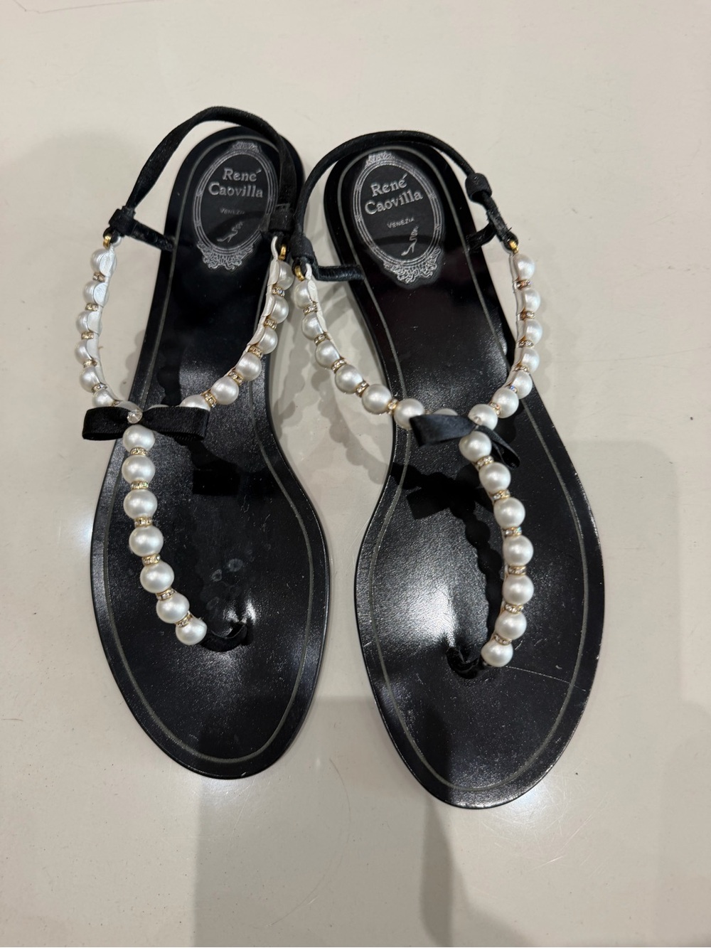 Rene Caovilla Black Pearl-Embellished T-Strap Sandals with Bow